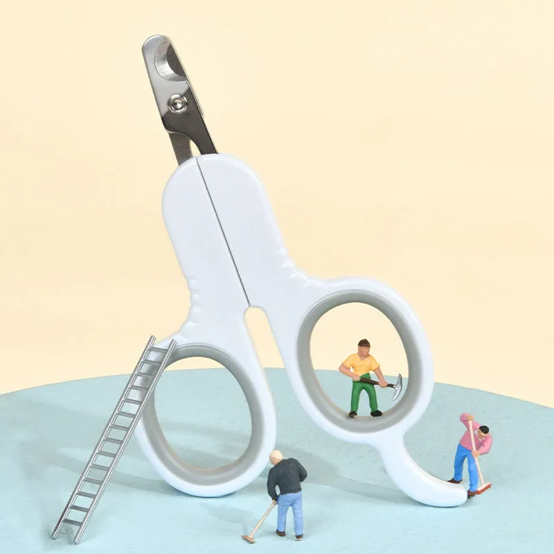 Grey and pink pet nail clippers with curved tips and a rubber-coated anti-slip handle on a white background.