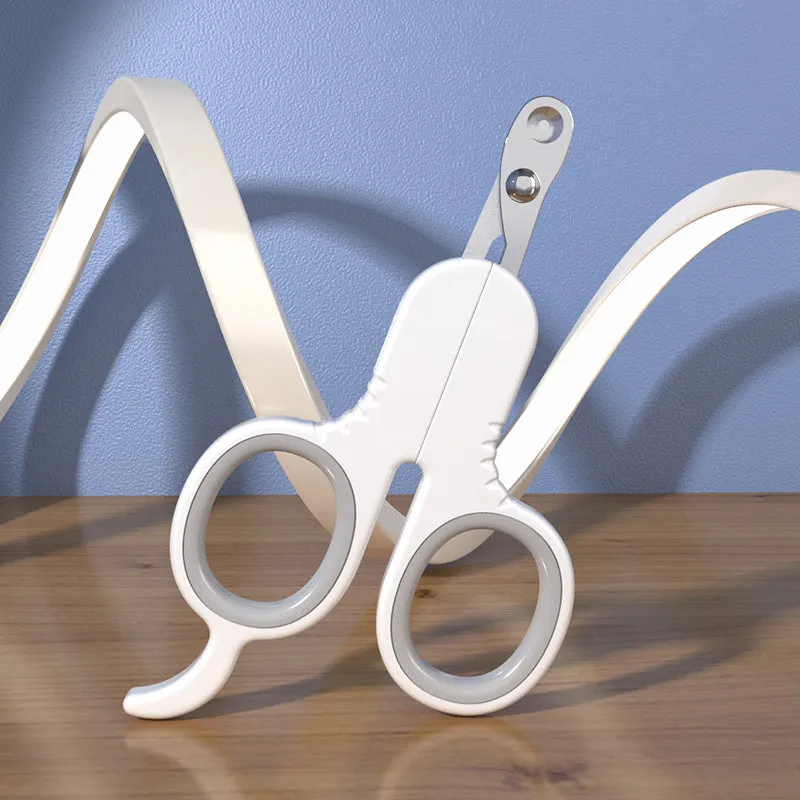 Grey and pink pet nail clippers with curved tips and a rubber-coated anti-slip handle on a white background.