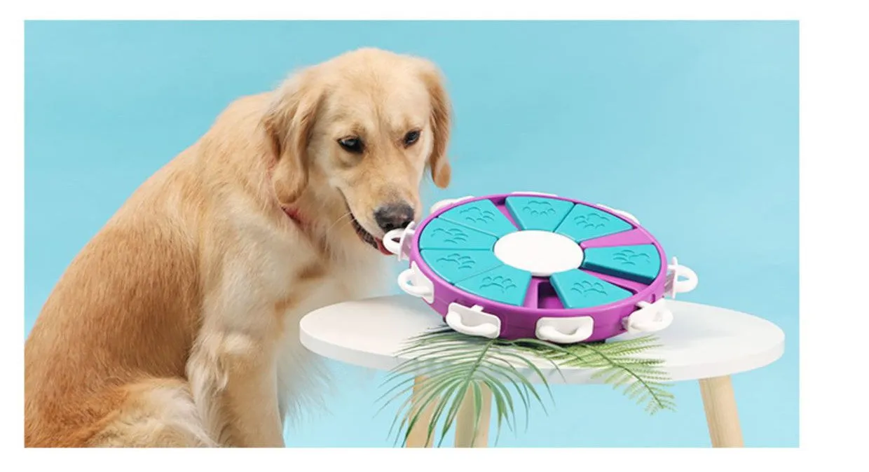 Blue interactive dog puzzle toy with nine compartments and bone covers on a light background