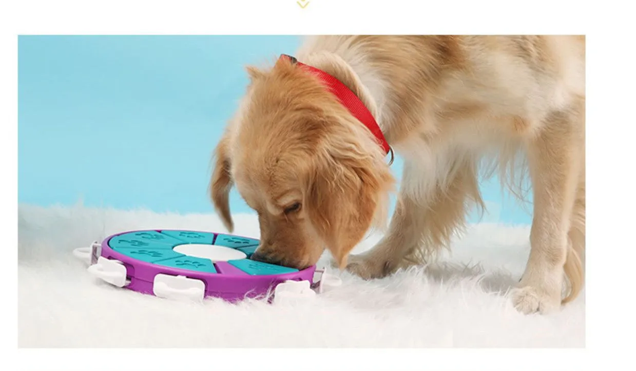 Blue interactive dog puzzle toy with nine compartments and bone covers on a light background