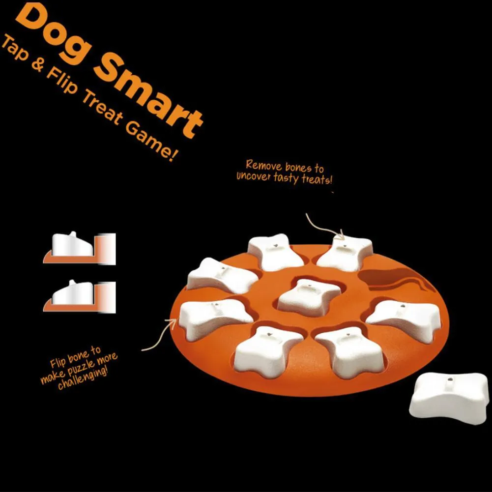 Blue interactive dog puzzle toy with nine compartments and bone covers on a light background