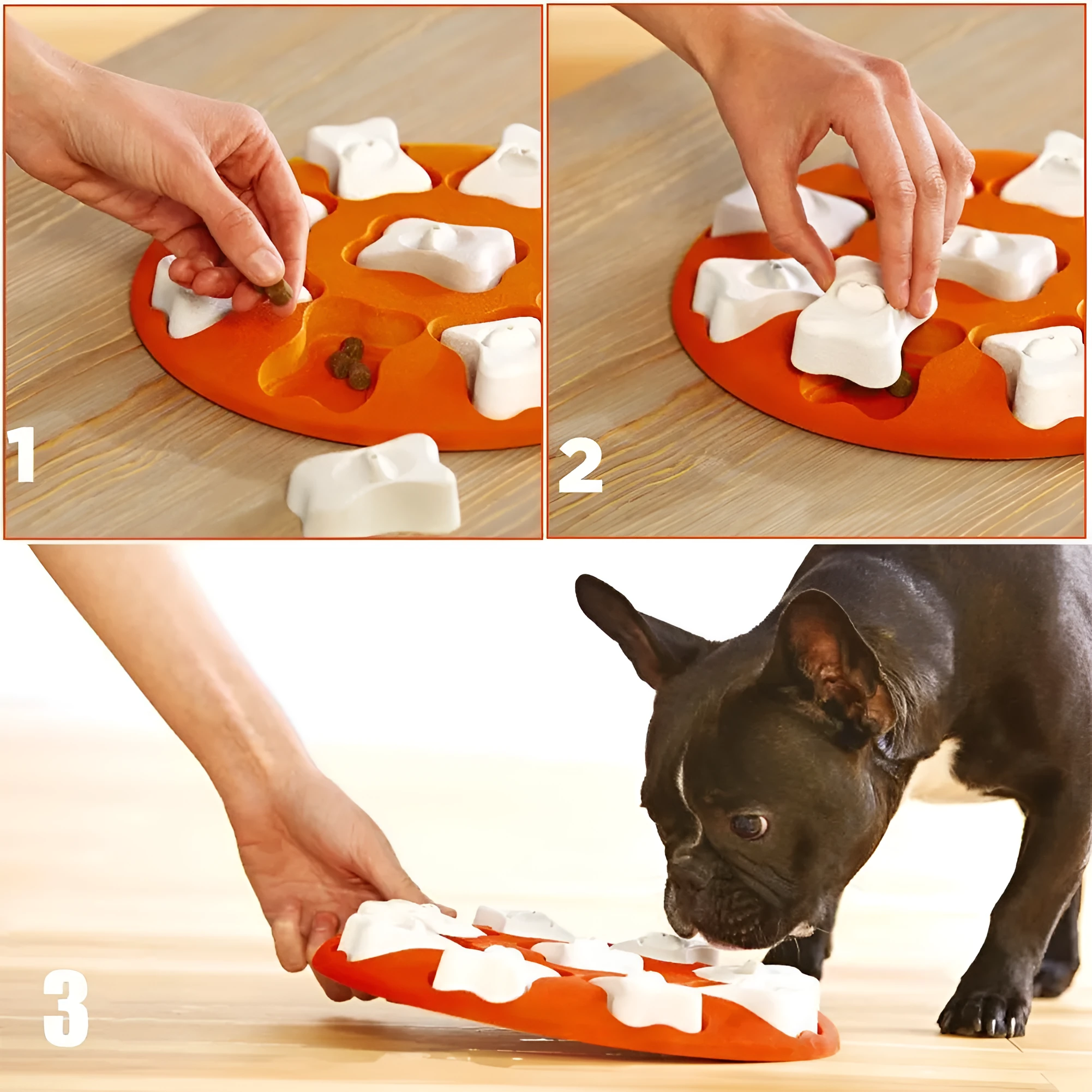 Blue interactive dog puzzle toy with nine compartments and bone covers on a light background