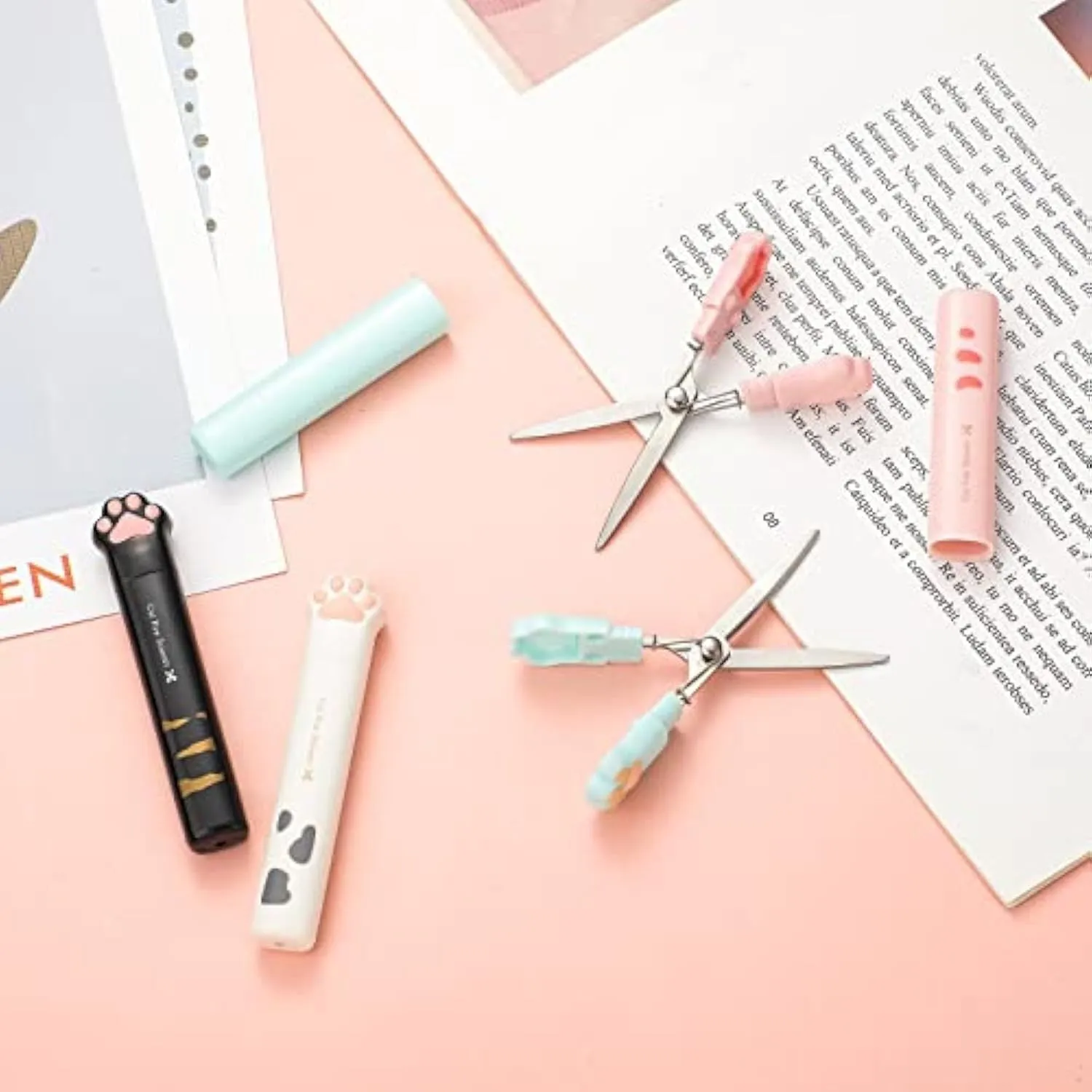 Cat paw design mini folding safety scissors in four colour options showing compact 8.7cm size