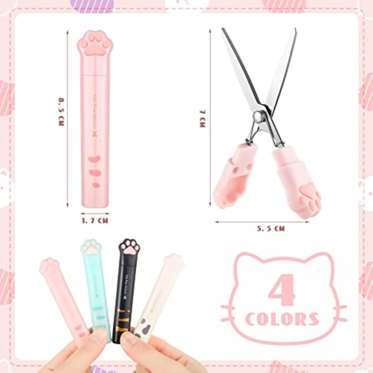 Cat paw design mini folding safety scissors in four colour options showing compact 8.7cm size