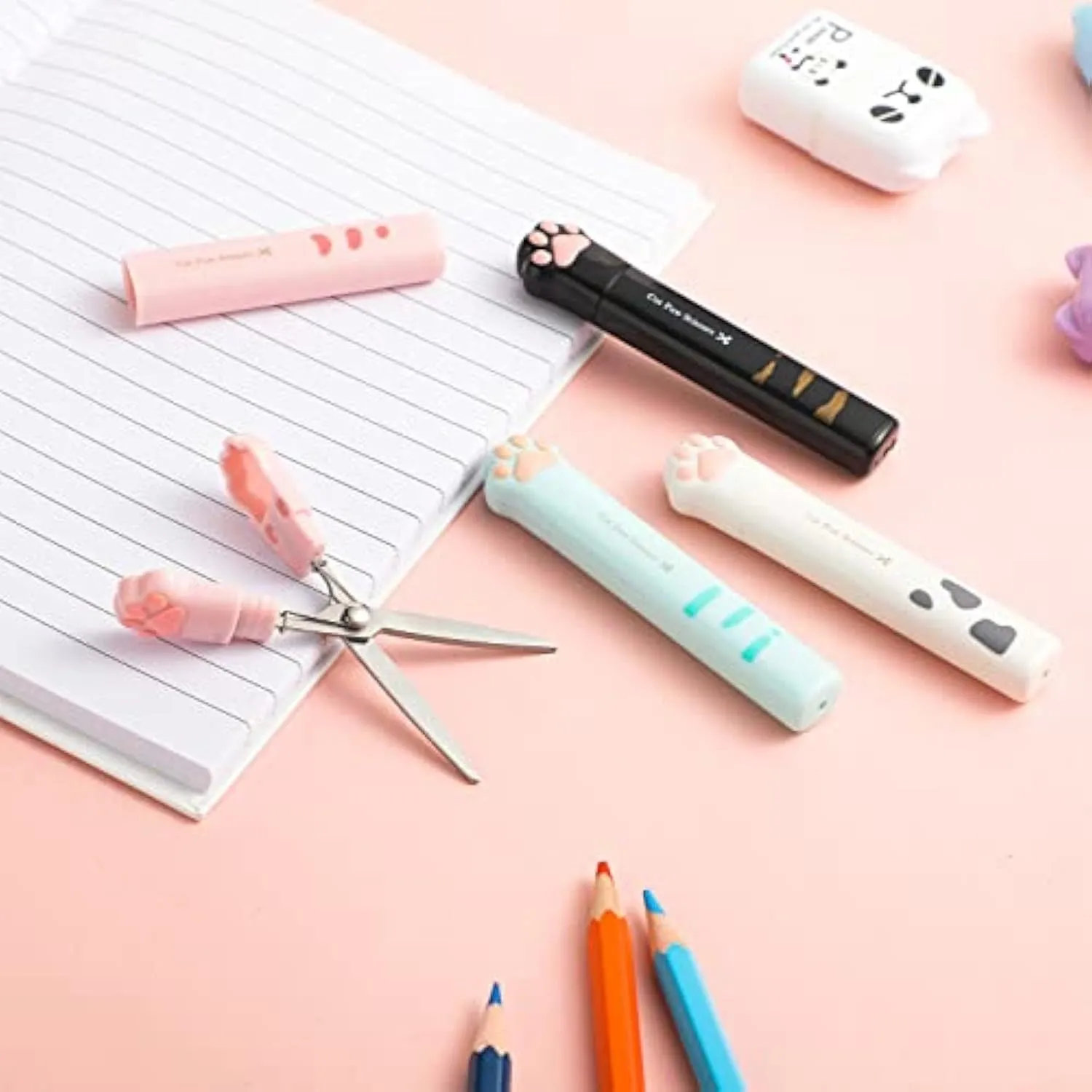 Cat paw design mini folding safety scissors in four colour options showing compact 8.7cm size