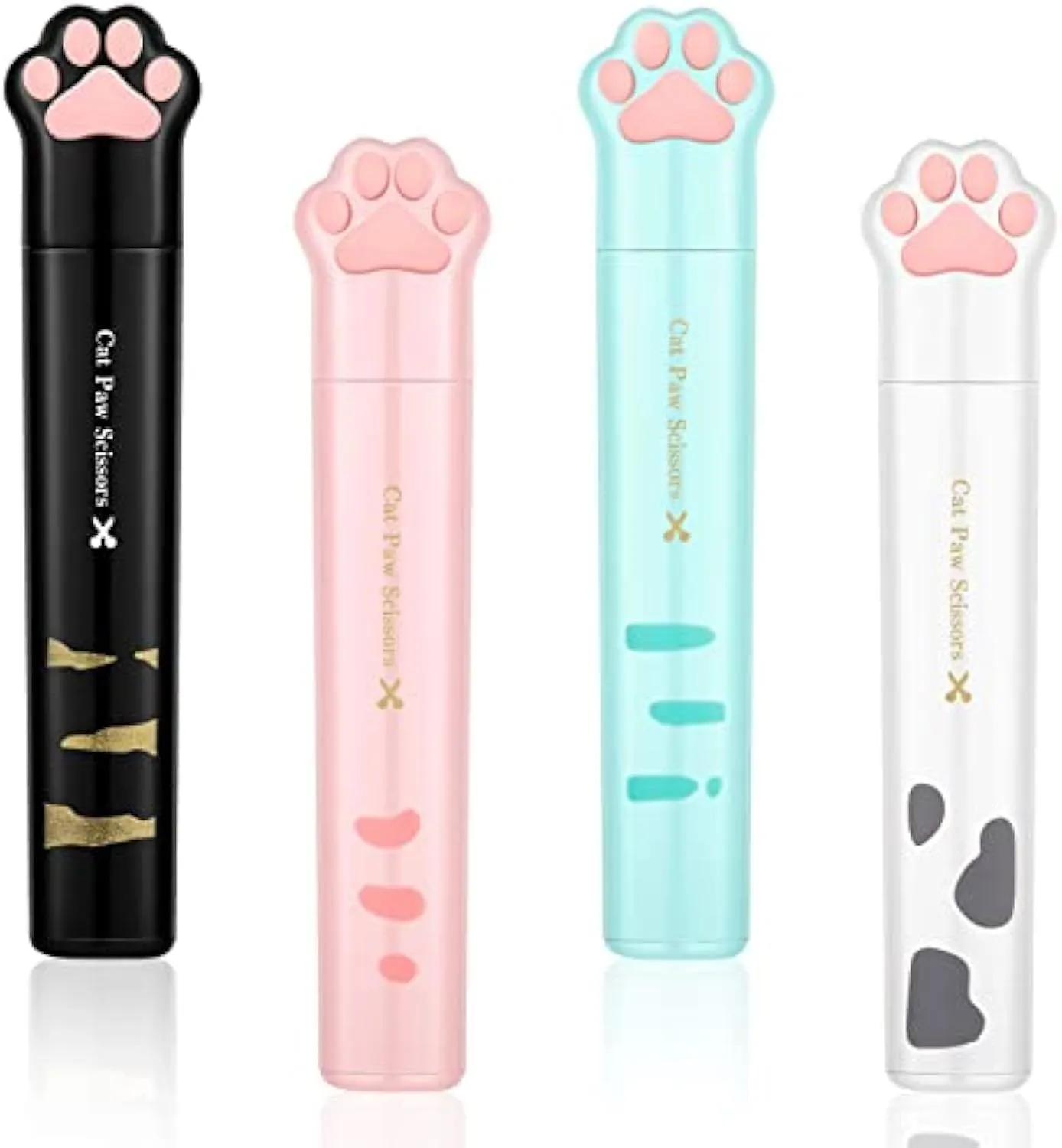 Cat paw design mini folding safety scissors in four colour options showing compact 8.7cm size