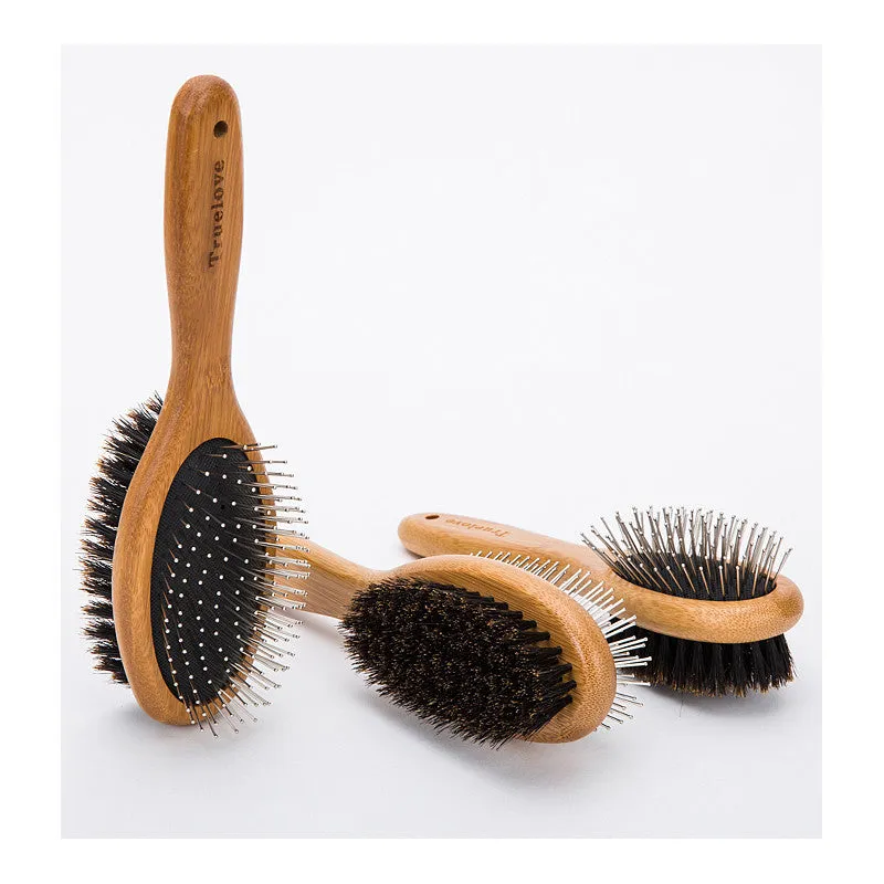 Double-sided pet grooming brush with stainless steel needles in sizes S, M, L for dogs and cats