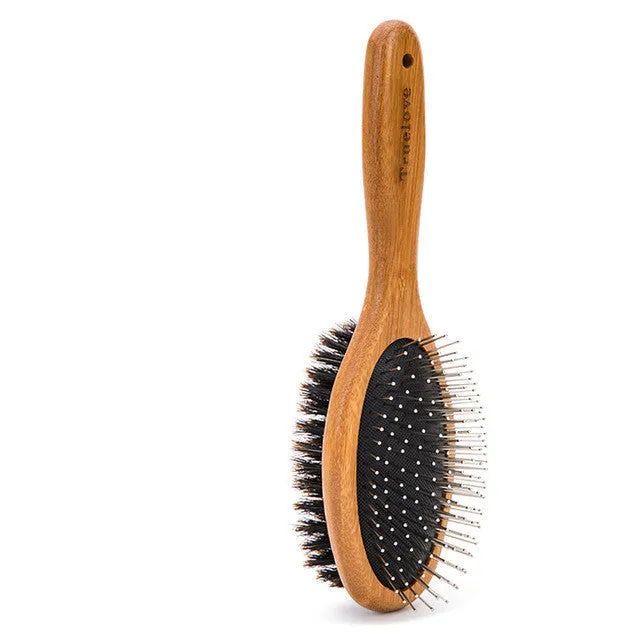 Double-sided pet grooming brush with stainless steel needles in sizes S, M, L for dogs and cats