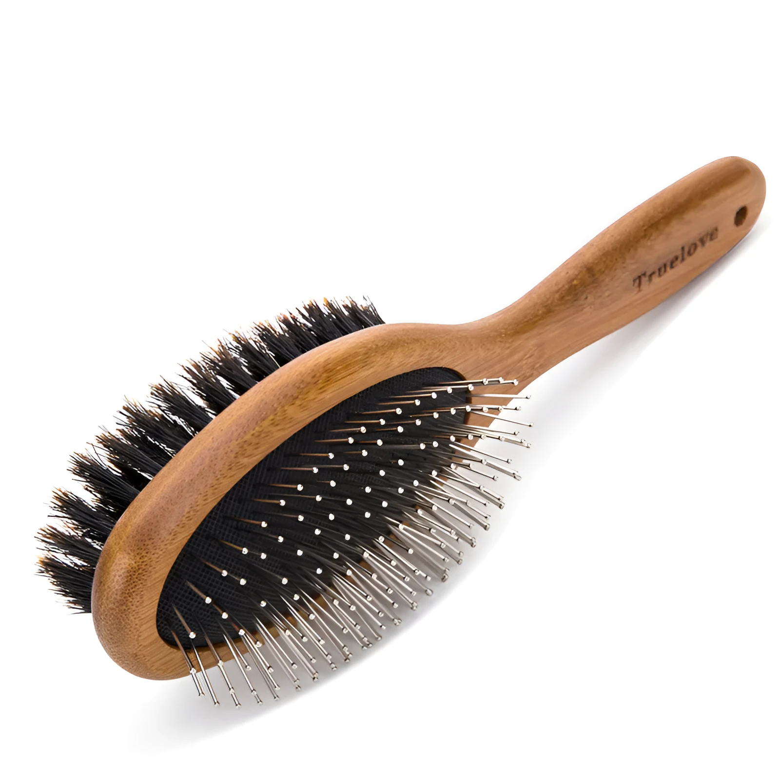 Double-sided pet grooming brush with stainless steel needles in sizes S, M, L for dogs and cats