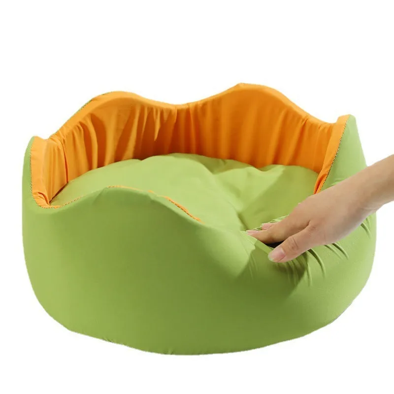Breathable ice silk pet dog bed nest in green orange colour, small diameter 40cm