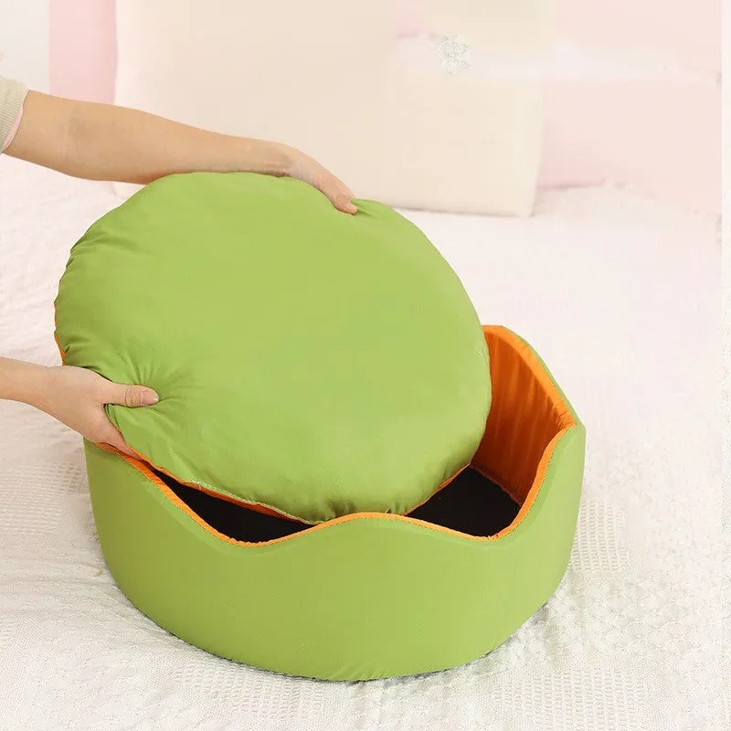 Breathable ice silk pet dog bed nest in green orange colour, small diameter 40cm