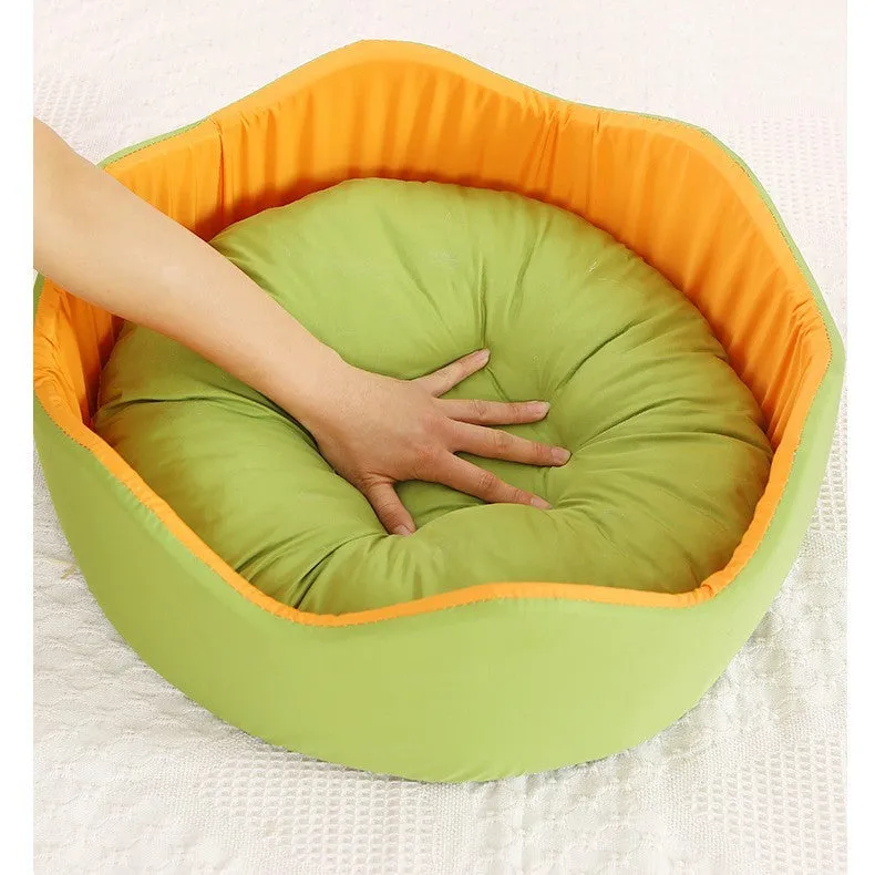 Breathable ice silk pet dog bed nest in green orange colour, small diameter 40cm
