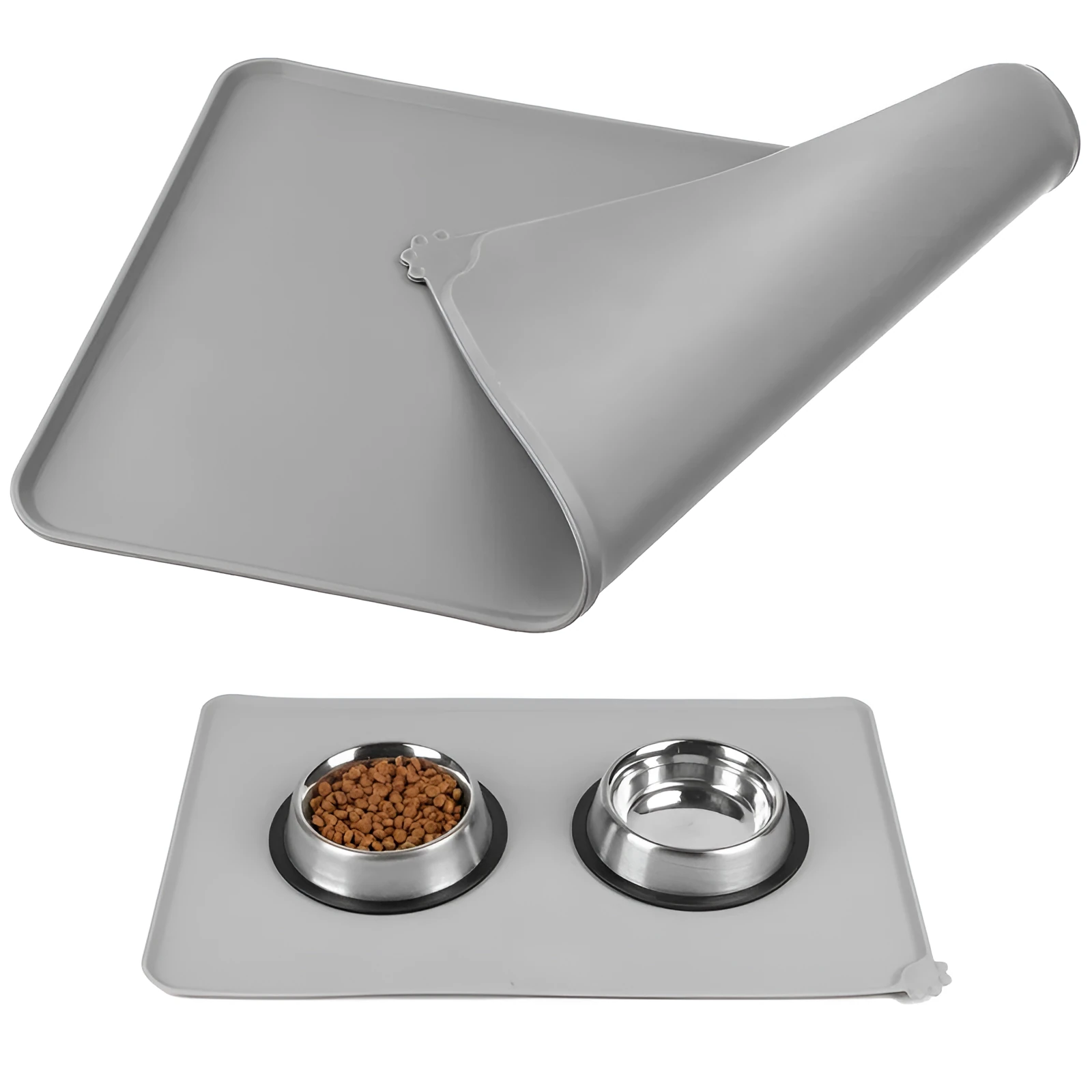 Black silicone dog food mat measuring 47 by 30 centimetres with non-slip surface and raised edges.