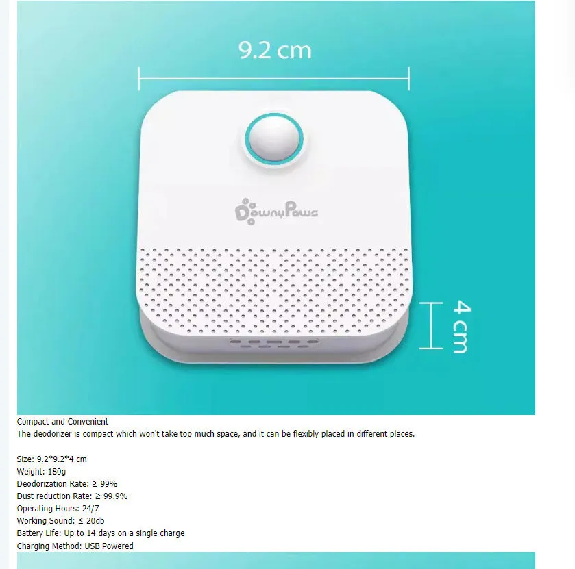 White DownyPaws Smart Cat Odor Purifier unit with USB charging port for litter box deodorisation.