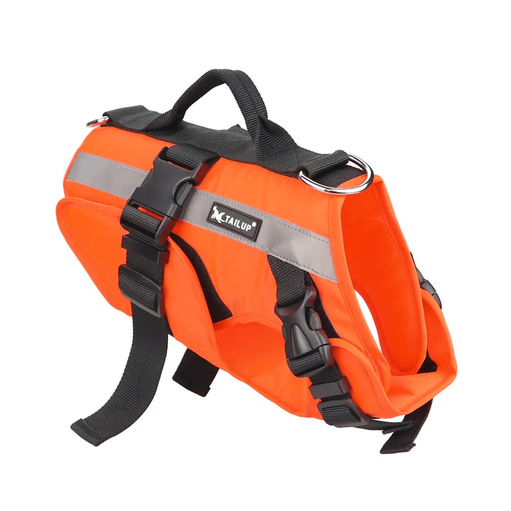 Reflective orange dog life jacket vest with double-layer buoyancy and Velcro fastening on green grass