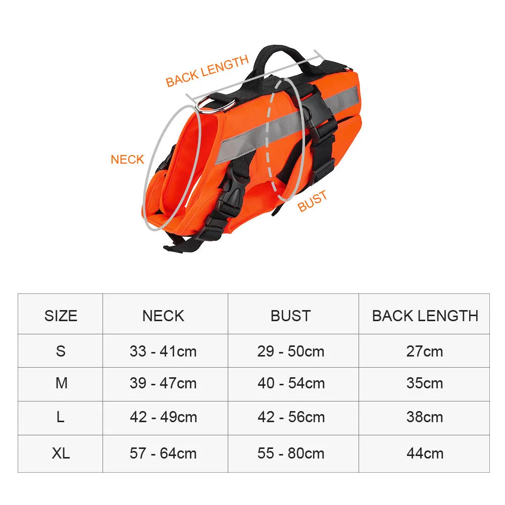 Reflective orange dog life jacket vest with double-layer buoyancy and Velcro fastening on green grass