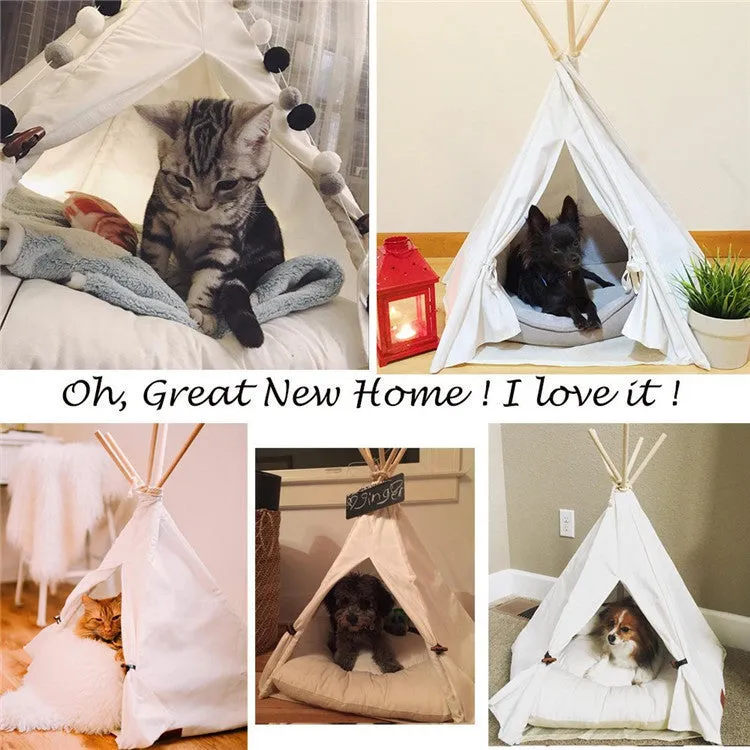 Wooden cat kennel with white canvas pad in medium size.