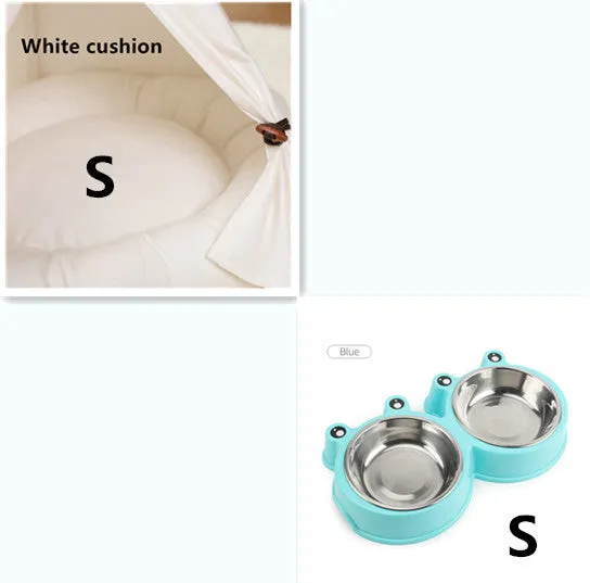 Wooden cat kennel with white canvas pad in medium size.
