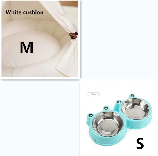Wooden cat kennel with white canvas pad in medium size.