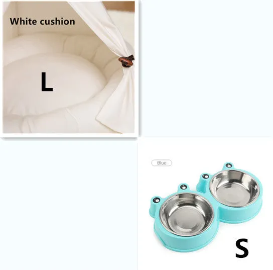 Wooden cat kennel with white canvas pad in medium size.