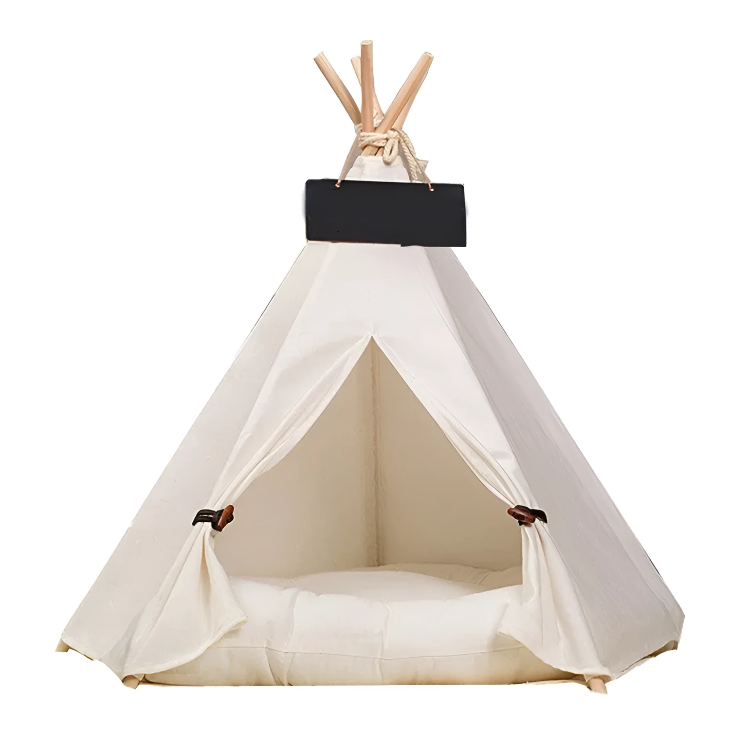 Wooden cat kennel with white canvas pad in medium size.
