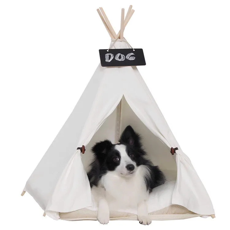 Wooden cat kennel with white canvas pad in medium size.