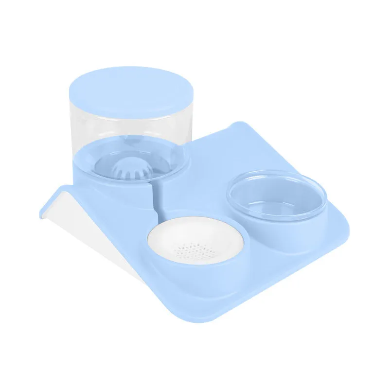 Double bowl pet feeder with automatic drinking fountain, PP PET material, 32 cm, in blue colour on floor