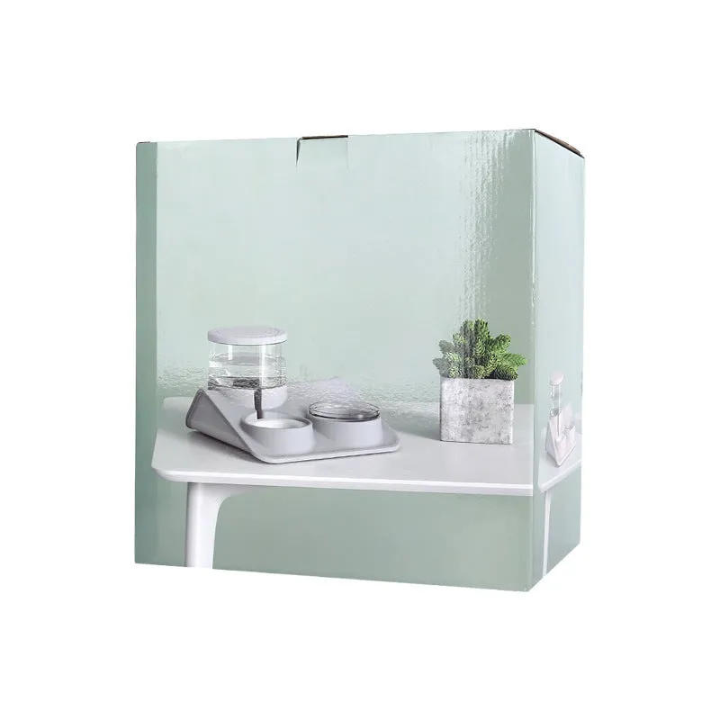 Double bowl pet feeder with automatic drinking fountain, PP PET material, 32 cm, in blue colour on floor