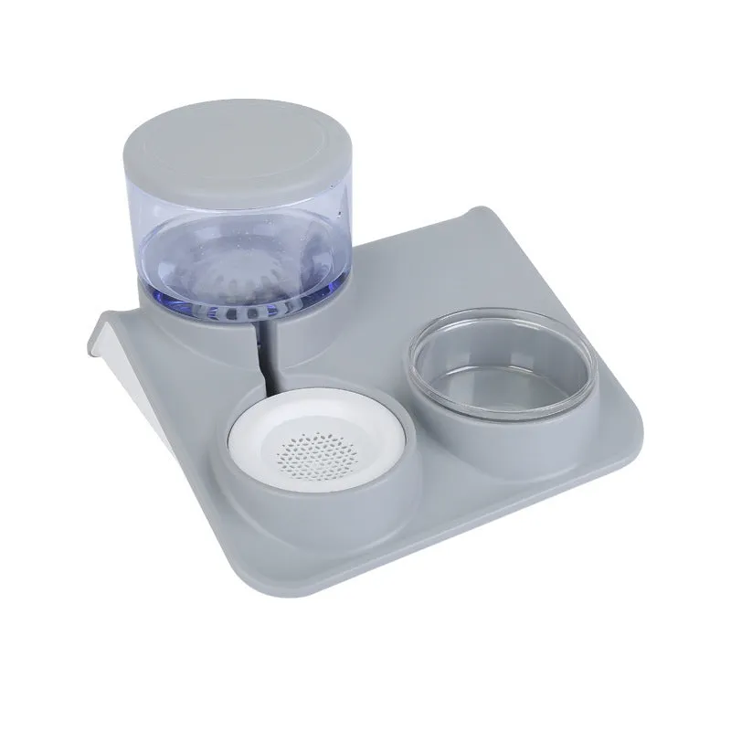 Double bowl pet feeder with automatic drinking fountain, PP PET material, 32 cm, in blue colour on floor