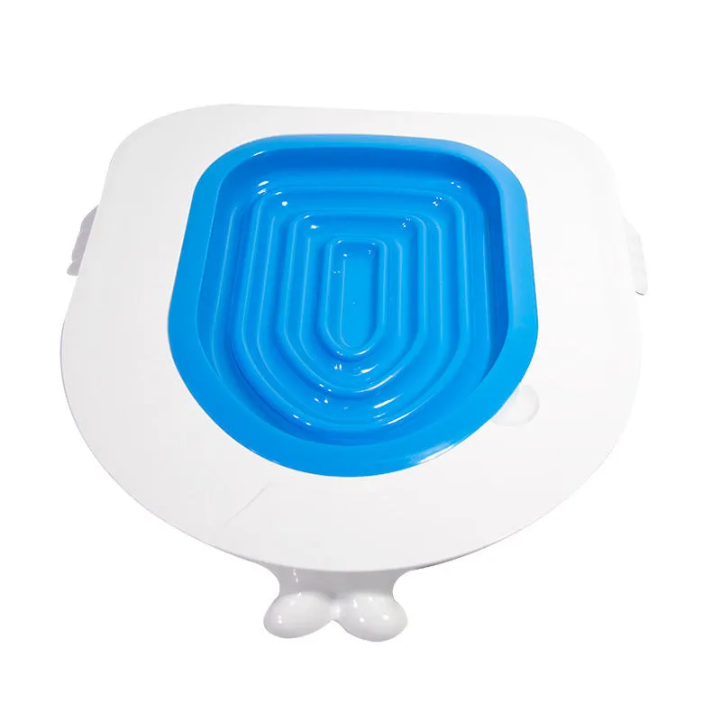 Blue PP cat toilet trainer for household toilet training, 415x423x420mm, on a white toilet seat