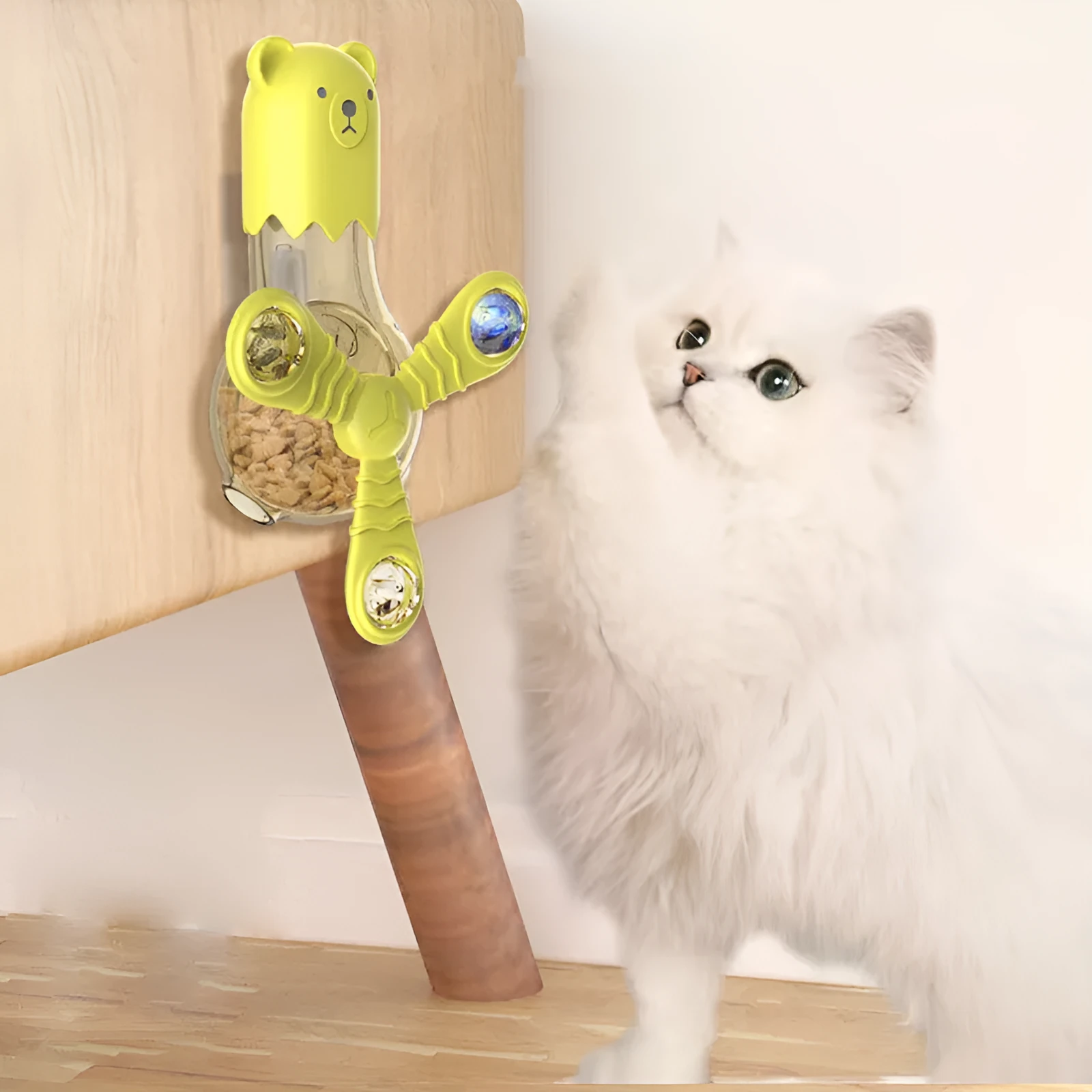 Multi-function cat toy with light and sound in blue, rotating feeding function, size 150x190x75mm
