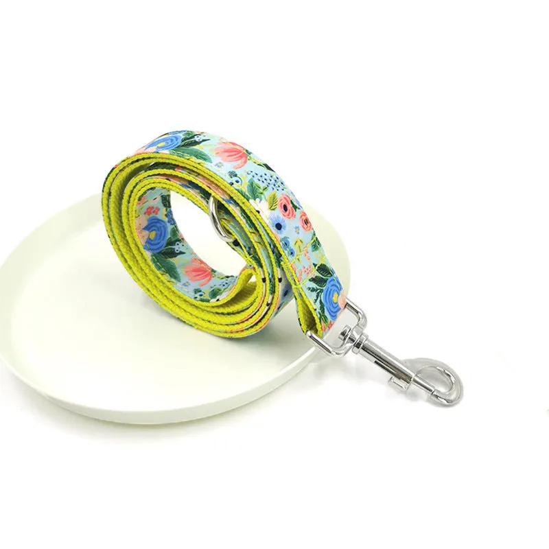 Yellow Midsummer Garden polyester dog leash and collar set on a dog, non-scalable lead, sizes XS to XL