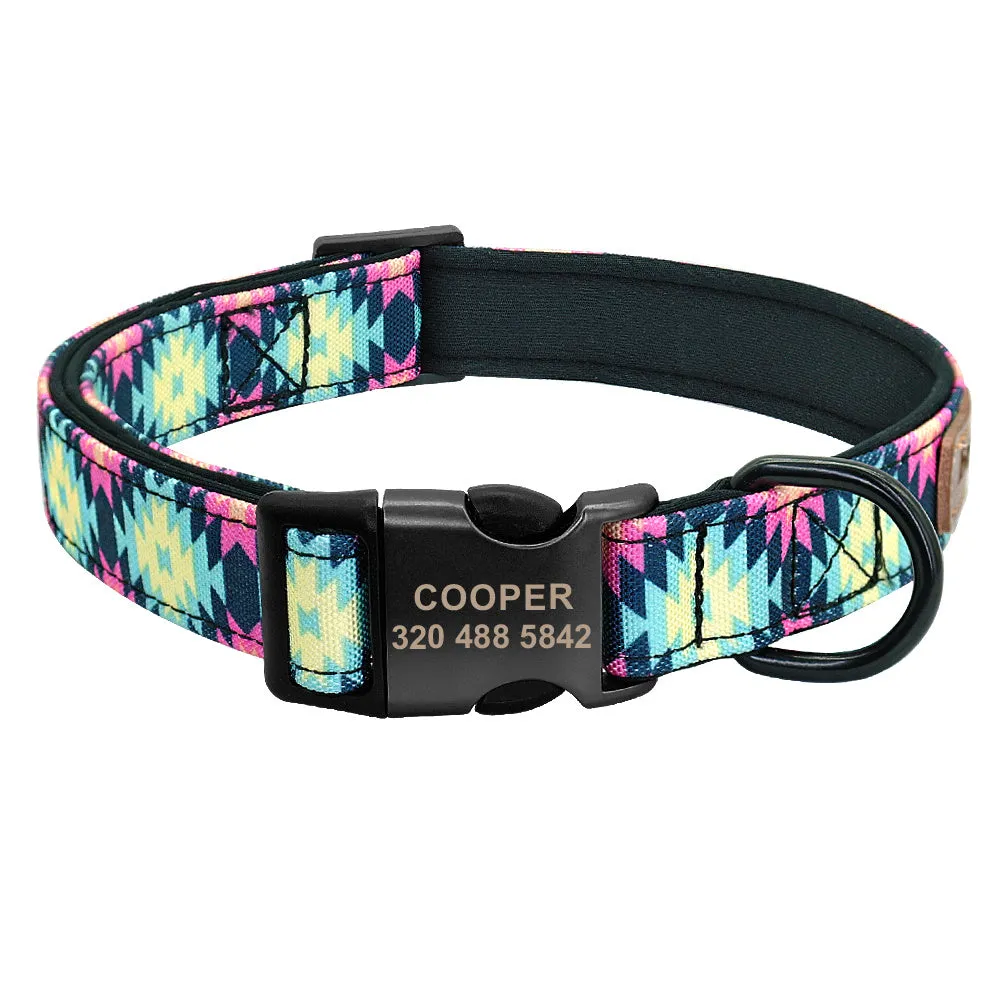 Personalised nylon dog collar in red, available in blue green coffee pink and sizes S M L