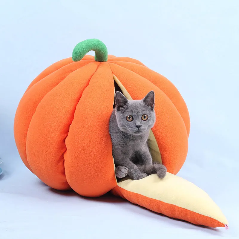 Thickened pumpkin nest cat dog bed cave winter kennel in orange coral fleece material M size