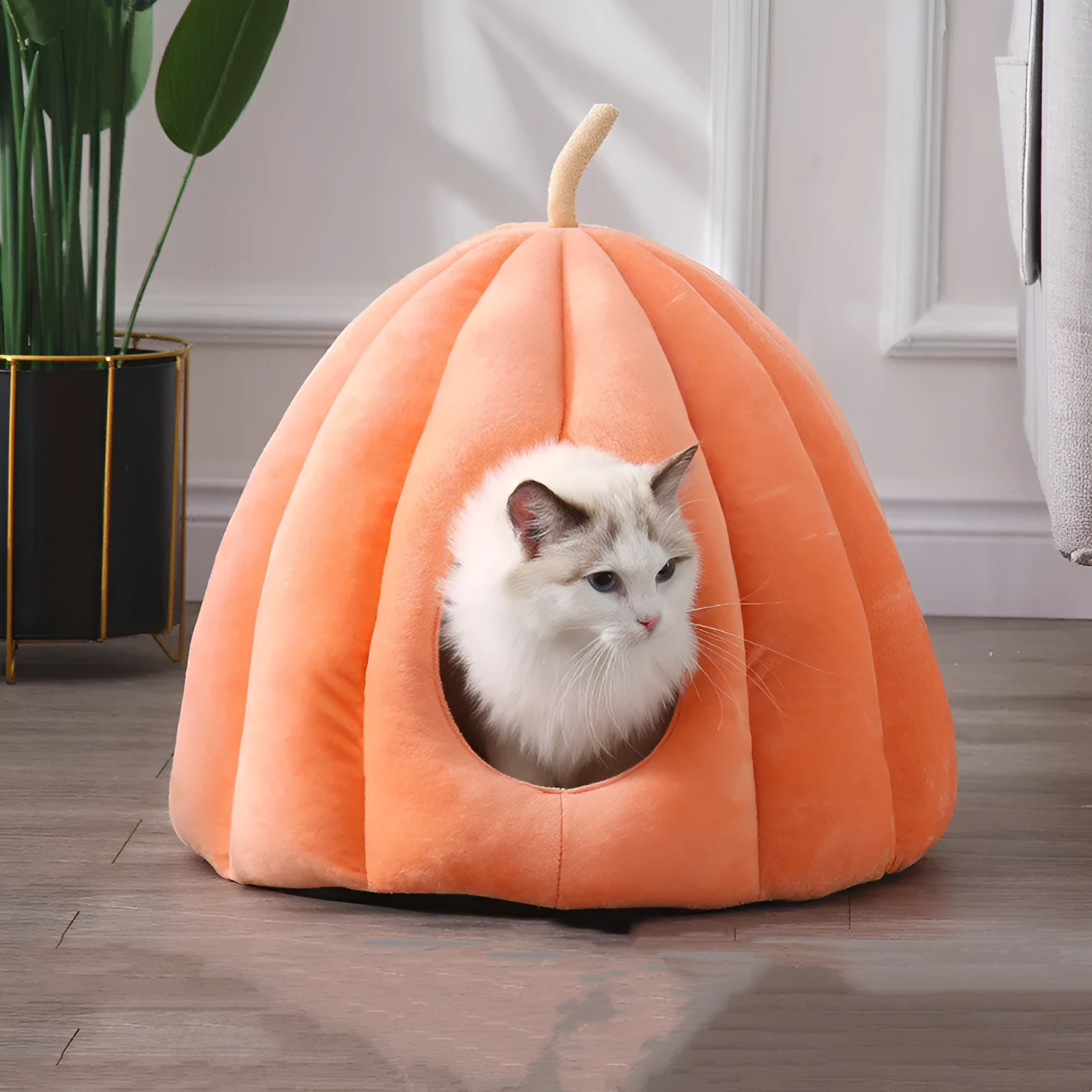 Thickened pumpkin nest cat dog bed cave winter kennel in orange coral fleece material M size