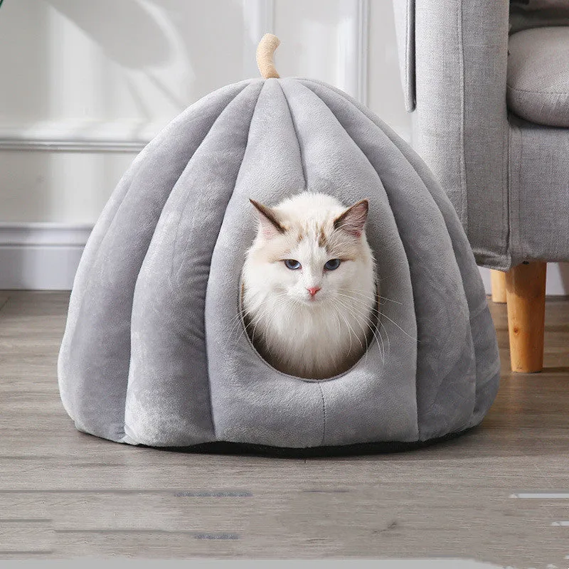 Thickened pumpkin nest cat dog bed cave winter kennel in orange coral fleece material M size
