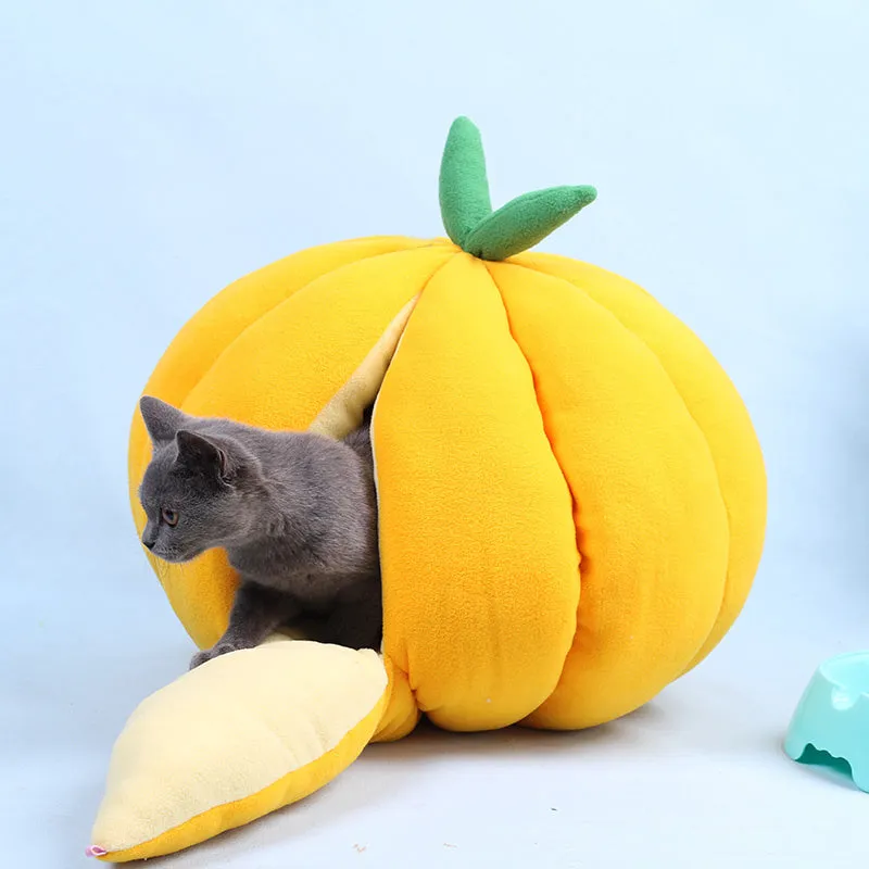Thickened pumpkin nest cat dog bed cave winter kennel in orange coral fleece material M size