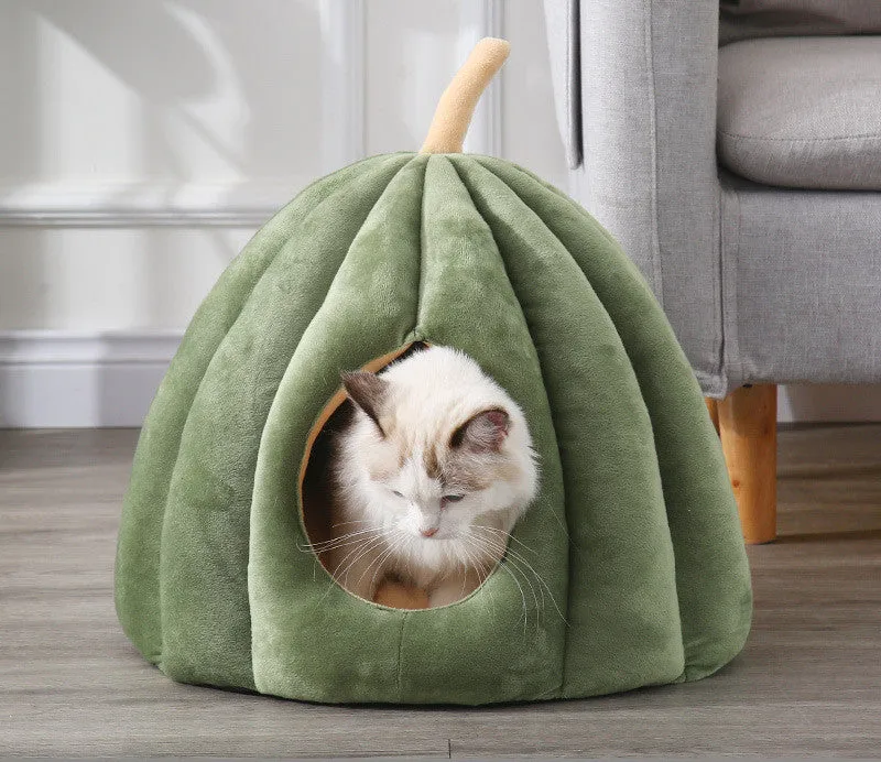Thickened pumpkin nest cat dog bed cave winter kennel in orange coral fleece material M size