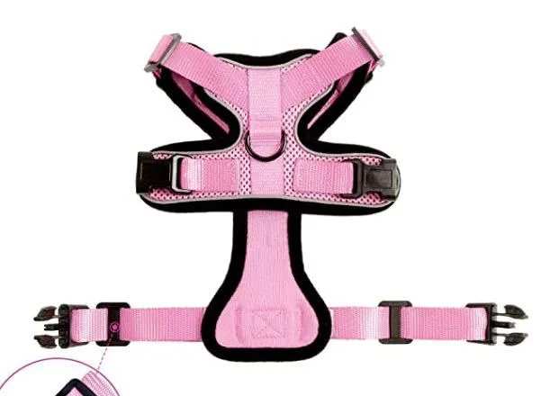 Escape proof cat vest harness in black with reflective trim and car seat belt adapter leash