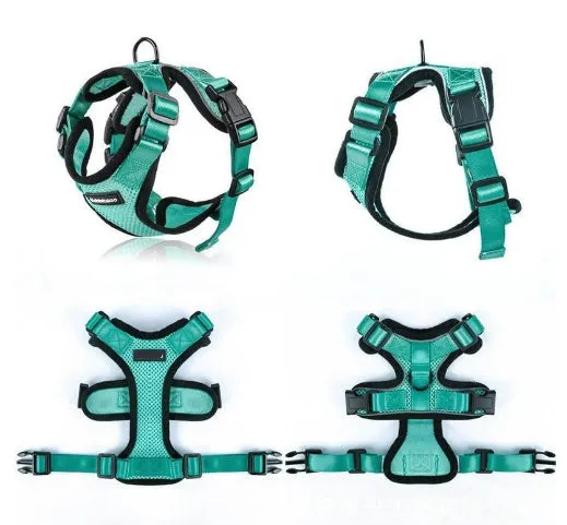 Escape proof cat vest harness in black with reflective trim and car seat belt adapter leash