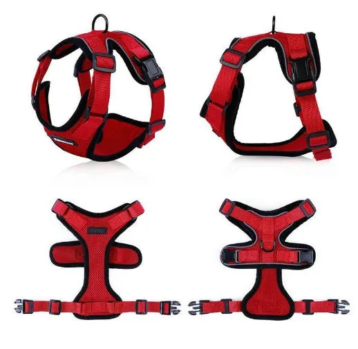 Escape proof cat vest harness in black with reflective trim and car seat belt adapter leash