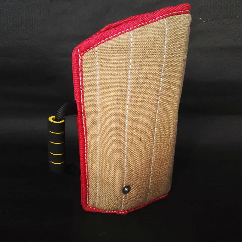 Yellow dog training bite sleeve made of thick linen and cotton felt with external handle, 45x26x13 cm, for medium-sized young dogs