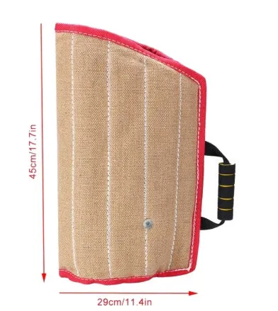 Yellow dog training bite sleeve made of thick linen and cotton felt with external handle, 45x26x13 cm, for medium-sized young dogs