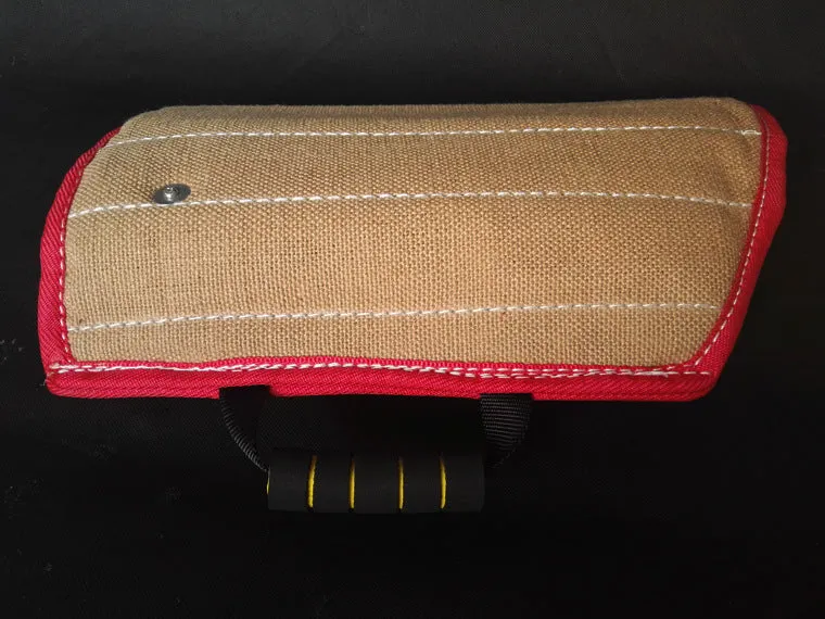Yellow dog training bite sleeve made of thick linen and cotton felt with external handle, 45x26x13 cm, for medium-sized young dogs
