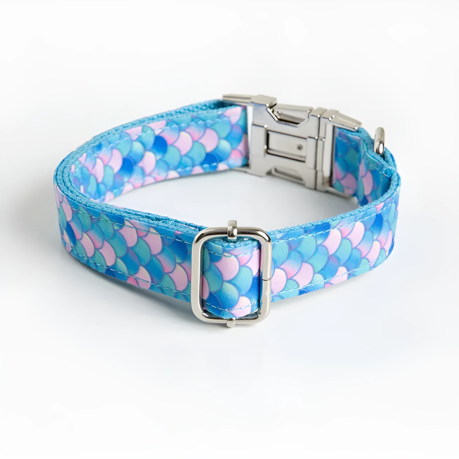 Blue mermaid polyester adjustable pet collar on white background showing buckle and size label