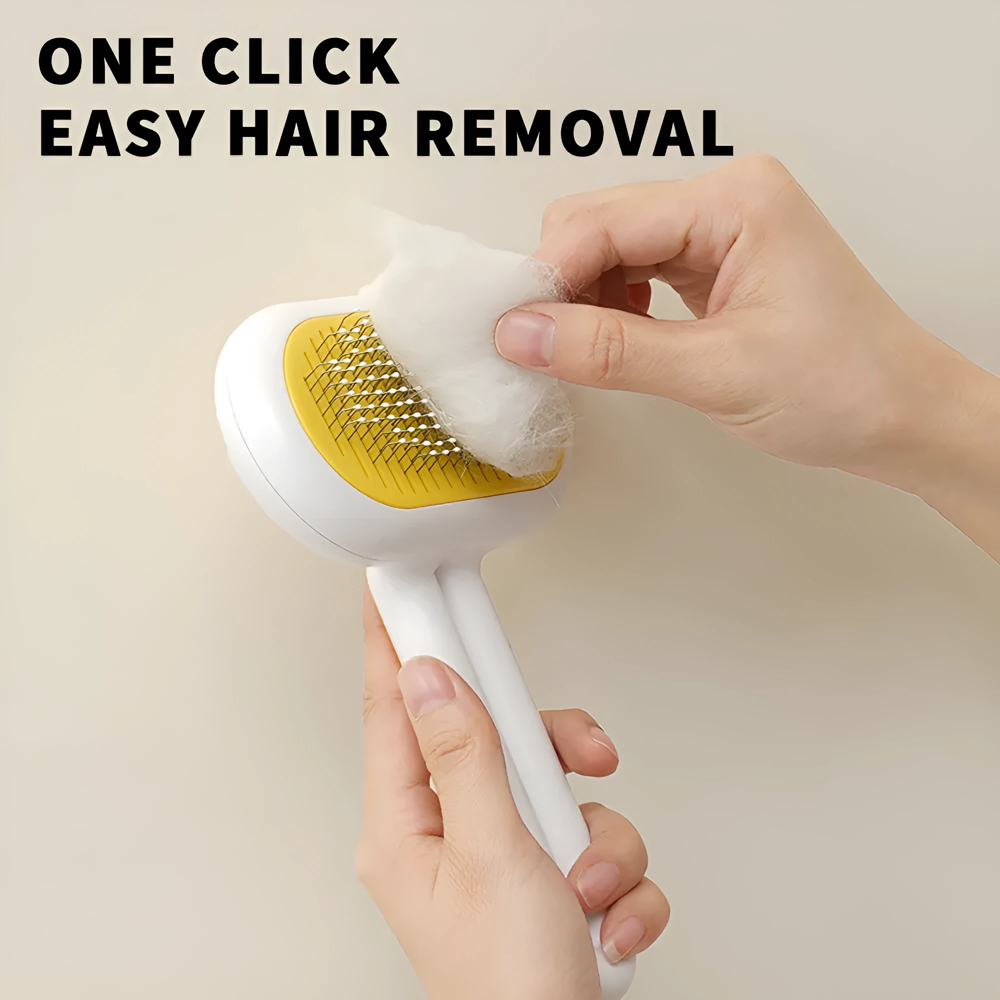 Cat dog grooming brush with stainless steel teeth and white silicone tips on a gray handle