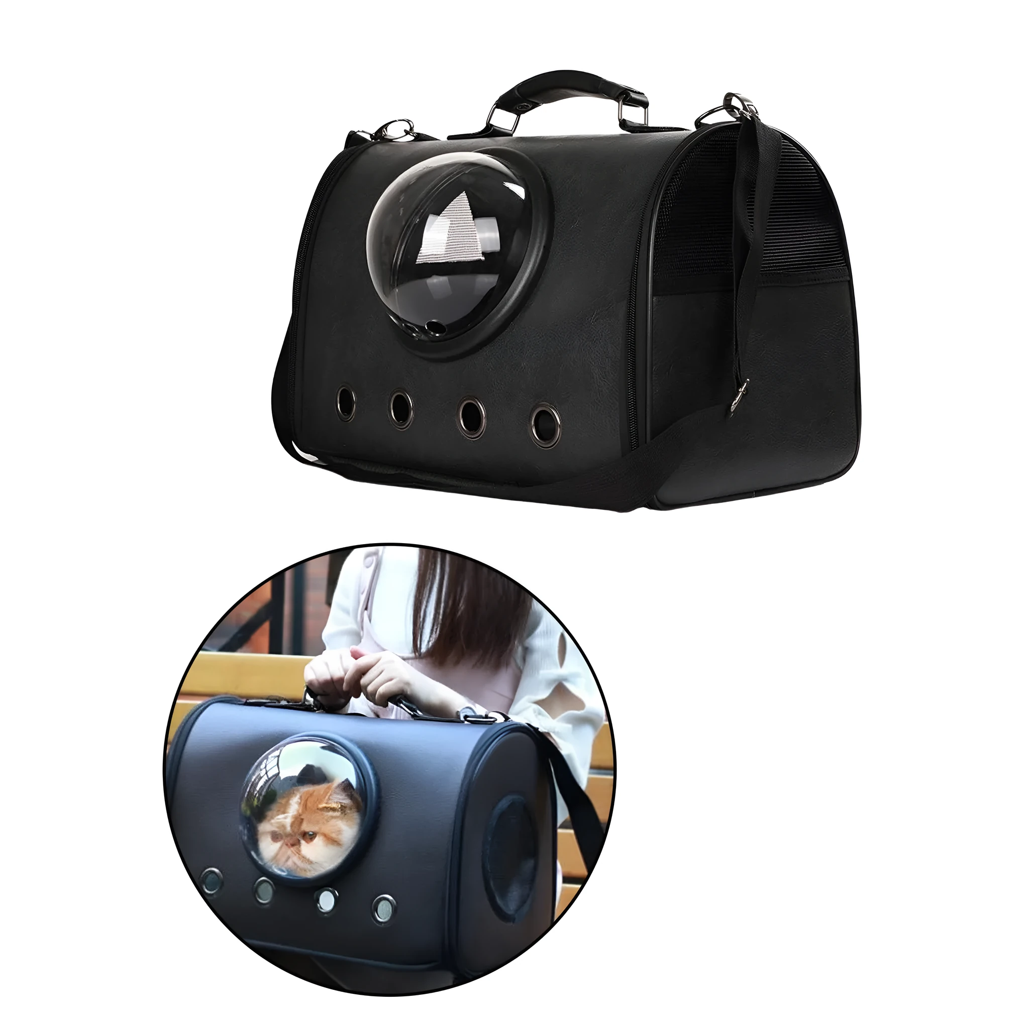 Grey pet carrier backpack for small dogs and cats with PU leather and polyester material, 44x26x31cm size