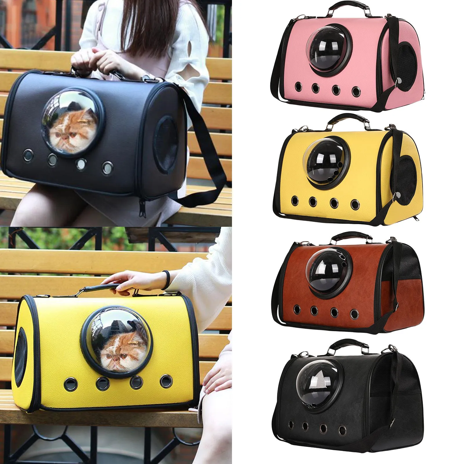 Grey pet carrier backpack for small dogs and cats with PU leather and polyester material, 44x26x31cm size