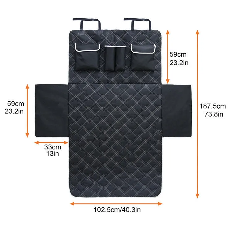Black Oxford cloth car dog mat measuring 187.5x102.5cm with buckle and ring for secure fit
