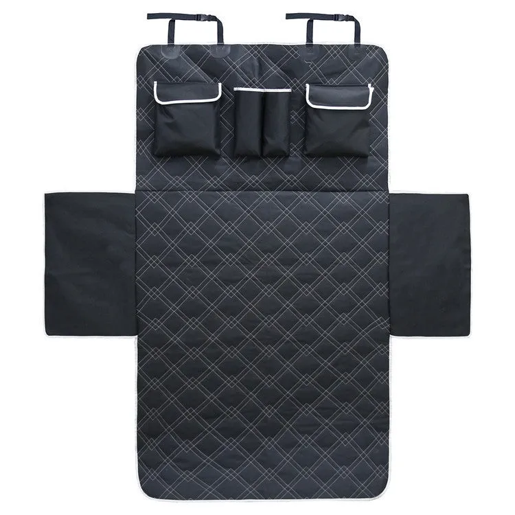 Black Oxford cloth car dog mat measuring 187.5x102.5cm with buckle and ring for secure fit